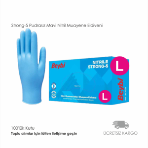 Strong-5 Pudrasız Mavi Nitril Muayene Eldiveni - 100'lük Kutu L BEDEN