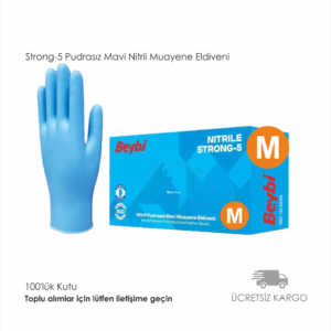 Strong-5 Pudrasız Mavi Nitril Muayene Eldiveni - 100'lük Kutu M BEDEN